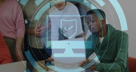 Poster - Discussing cybersecurity, diverse team in office with digital shield animation overlay