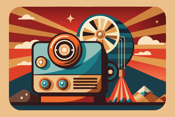 Aufkleber - Vector illustration of a retro film projector with dramatic rays behind, evoking nostalgic cinema memories of adventure and storytelling