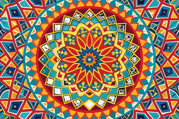 Poster - Colorful geometric mandala illustration with intricate patterns and vibrant colors designed for visual appeal in art and decor