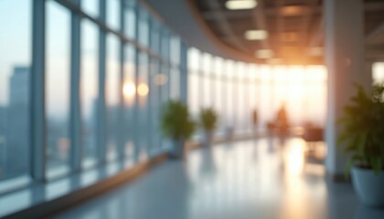 Poster - Blurred modern office interior with panoramic windows, bright sunlight. Open space with plants, empty workspace, clean design. Light contemporary architectural style. Elegant aesthetic, pro corporate