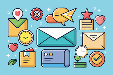 Poster - Colorful vector illustration showcasing communication tools, mail envelopes, and time management elements in a cheerful setting