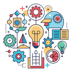 Poster - Colorful vector illustration showing creative ideas and technology with light bulbs, gears, and various design elements in a modern style