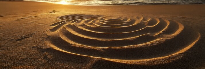 Aufkleber - Intricate sand drawings create artistic symbols under warm golden light at the beach during sunset
