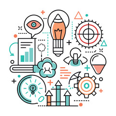 Poster - Colorful vector illustration showing creative ideas and technology with light bulbs, gears, and various design elements in a modern style