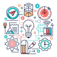 Aufkleber - Colorful vector illustration showing creative ideas and technology with light bulbs, gears, and various design elements in a modern style