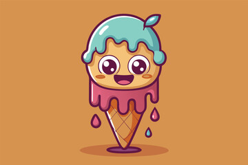 Poster - Colorful cartoon ice cream cone character with a smiling face and melting details in a playful, cheerful design set against a light blue background