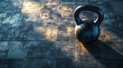 Aufkleber - Kettlebell positioned for workout on textured gym floor with soft light and space for additional text Generative AI