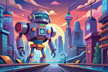 Poster - Futuristic cityscape featuring a friendly robot standing on a vibrant walkway surrounded by tall buildings and greenery during a bright day