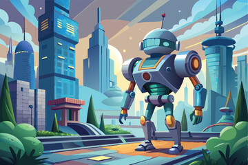 Poster - Futuristic cityscape featuring a friendly robot standing on a vibrant walkway surrounded by tall buildings and greenery during a bright day