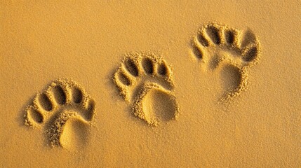 Fototapete - Dog paw prints create a playful trail on golden sand near gentle waves under soft sunlight at the beach Generative AI