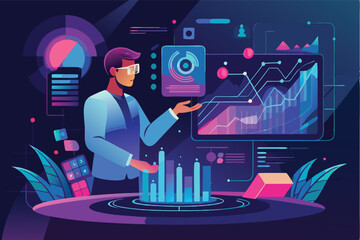 Poster - Data analyst analyzing business metrics with vector graphics in modern office environment