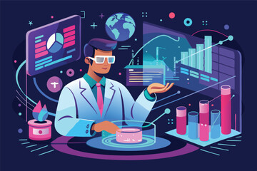 Fototapete - Data analyst analyzing business metrics with vector graphics in modern office environment
