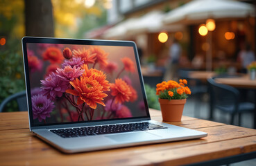 Poster - Silver laptop with flowers on screen stands on wooden table in cafe. Orange flowers in pot near notebook. Workplace outdoor with blurred background in bokeh lights. Freelancer desktop in park.