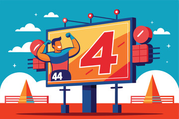Poster - Superhero-themed billboard illustration showing a strong character holding a number four in a vibrant urban setting