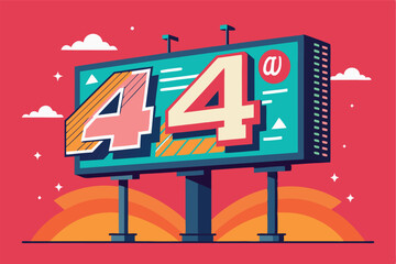 Poster - Superhero-themed billboard illustration showing a strong character holding a number four in a vibrant urban setting
