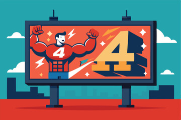 Poster - Superhero-themed billboard illustration showing a strong character holding a number four in a vibrant urban setting