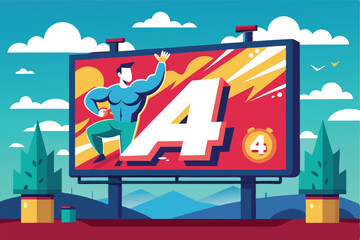 Poster - Superhero-themed billboard illustration showing a strong character holding a number four in a vibrant urban setting