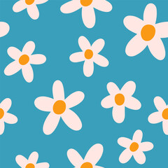 Fototapete - Seamless flower print. Floral pattern in retro groovy style. Daisy and chamomile blossoms, petals, endless repeatable design, nature texture for textile, fabric, wrapping. Flat vector illustration