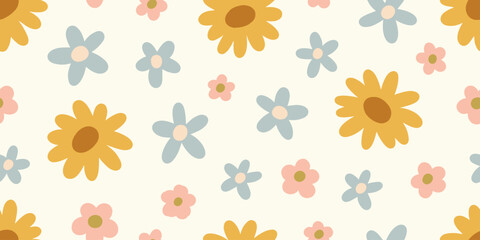 Fototapete - Seamless floral pattern. Groovy hippie flowers, repeating print, endless background. Daisy blossoms, repeatable design, texture for textile, fabric, wallpaper, wrapping. Flat vector illustration