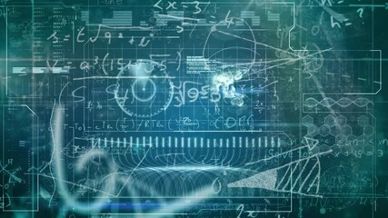 Poster - Animation of complex equations and diagrams overlaying digital blueprint in school