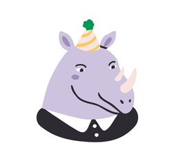 Poster - Funny rhino animal in birthday hat. Cute comic rhinoceros in festive party cap. Quirky humorous wild character celebrating bday, avatar. Flat vector illustration isolated on white background
