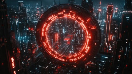 Poster - Futuristic cityscape with glowing circle a concept for innovation technology network connections and digital transformation of urban environments