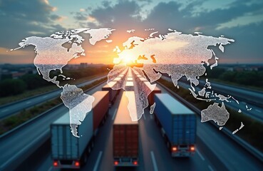 Aufkleber - Global logistics network and logistic service idea. Trailer trucks driving on highway at dawn under world map outline. Worldwide cargo shipment, transport, freight delivery service.