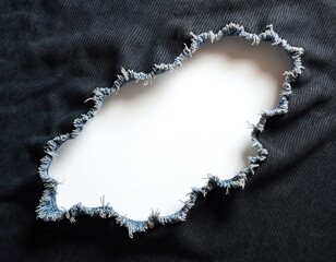 Poster - Close-up of hole in dark denim jeans on white. Torn blue thread canvas texture with empty copy space for text, sign, logo on background. Mockup template.