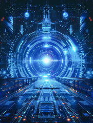 Poster - A mesmerizing digital portal radiating blue light, symbolizing advanced technology and futuristic concepts in a high-tech landscape.