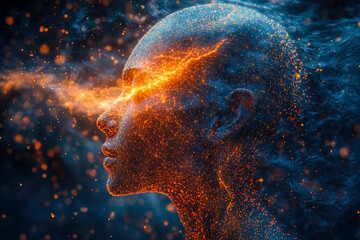 Poster - An artistic representation of a human profile filled with exciting textures and glowing elements symbolizing creativity and vibrant life force.