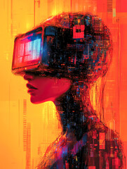 Poster - A visually captivating image of a woman with a VR headset that displays bright technological patterns, symbolizing digital communication and creativity.