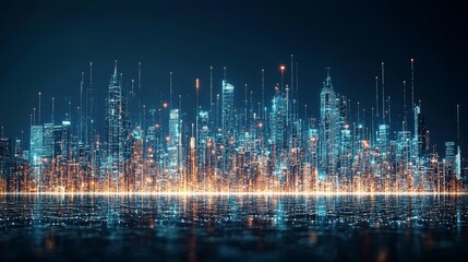 Poster - Futuristic city skyline digital abstract concept with glowing lights and reflection perfect for virtual reality designs or innovation visuals
