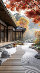 Poster - An elegant wooden walkway curves through a Japanese garden adorned with autumn foliage and traditional stone lanterns for peaceful contemplation.