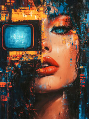 Poster - A striking portrait blending human and technology, showcasing a woman's face merging with a vintage TV set in vibrant colors and textures.