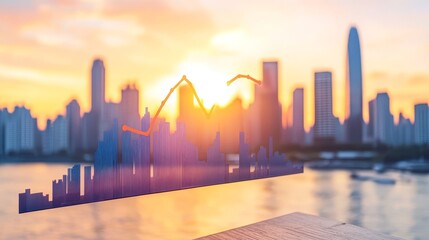 Poster - Financial growth projected in skyline chart with sunset cityscape reflecting prosperity and economic upturn over water at twilight