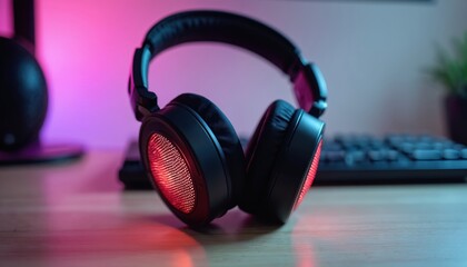 Aufkleber - Illuminated black gaming headphones on desk with pink, purple light. Modern headset for gamers, streamers, listening music, audio, entertainment. Stylish wireless design, computer screen, keyboard on