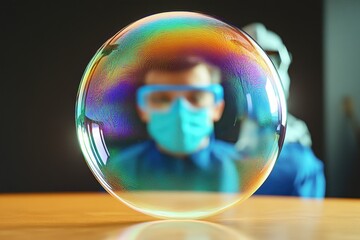 Poster - scientist observing colorful soap bubble in laboratory setting during daylight hours