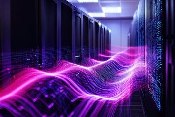 Poster - Visual representation of data flow in a modern server room with vibrant light patterns