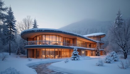 Poster - Modern curved facade building with large windows among snowy winter landscape. Contemporary design house exterior at night. Trees covered with snow, ice. Serene, tranquil, calm mood. Winter holidays