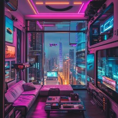 Fototapete - Cyberpunk Apartment View: Neon Cityscape From Futuristic Living Room with Smart Home Tech and Skyline Drone