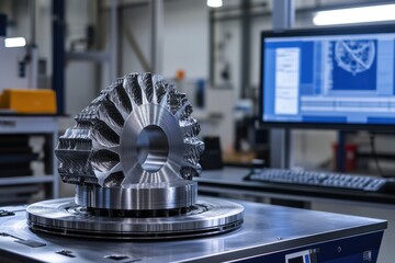 Poster - Detailed close-up of industrial machinery component being analyzed in a manufacturing facility