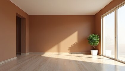 Poster - Modern room interior with brown wall and wooden floor, empty space. Plant near window. Minimalist design, stylish decoration, cozy home decor, sophisticated apartment living concept. Bright sunlight.