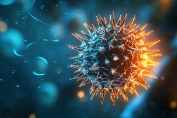 Poster - Viral structure depicted in a close-up view showcasing spikes and surrounding particles