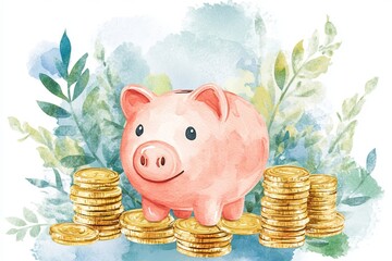 Poster - A piggy bank is sitting on top of a pile of gold coins. The piggy bank is pink and has a smiley face on it. Concept of saving money and the importance of financial responsibility