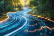 © Cloudyew - A road with a blue line and orange lines on it. The road is curved and has a lot of lines on it