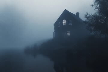 Poster - An enchanting fog envelops a solitary house by a serene lake at dusk, creating a mysterious atmosphere. The dim light from the windows adds intrigue to the tranquil scene.