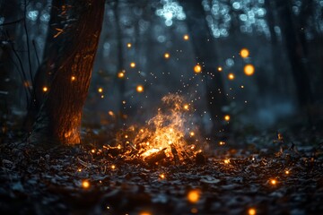 Poster - A captivating campfire flickers amidst a serene woodland at dusk, casting warm light and enchanting sparks in a tranquil setting. Perfect for nature lovers.