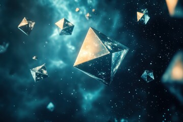 Poster - Floating geometric shapes illuminate a cosmic landscape filled with stars