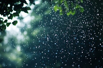 Poster - A rainy day with raindrops falling on leaves and branches