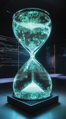 Poster - This mesmerizing hourglass features glowing particles and digital data visuals, embodying a modern approach to the concept of time and technology.